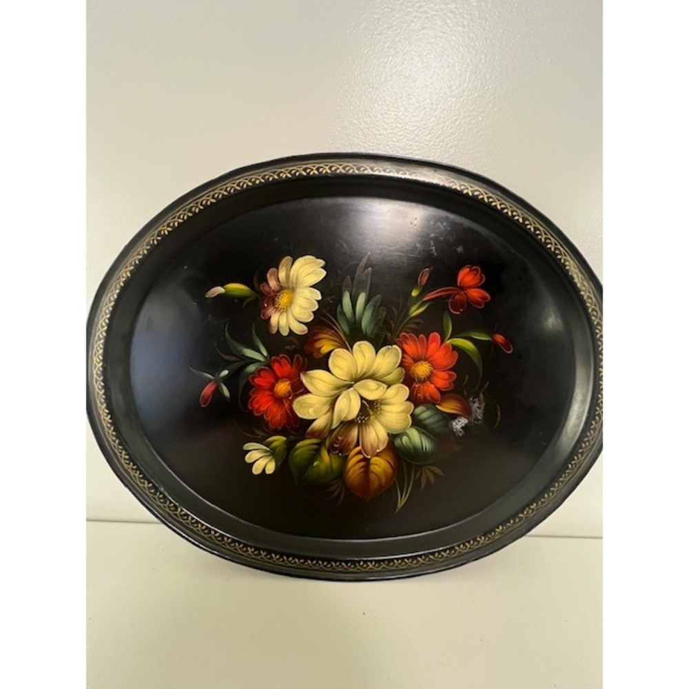 Vintage USSR Hand Painted Zhostovo Floral Metal‎ Tray Black Tole Oval Platter
